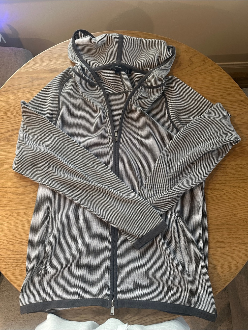 Theory Hooded Zip Jacket in Gray Stripe with Dark Trim